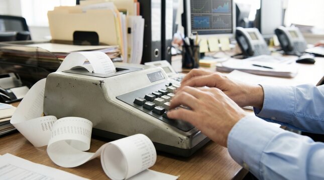 Office worker hands typing rapidly on a vintage adding machine calculator with a printed paper roll