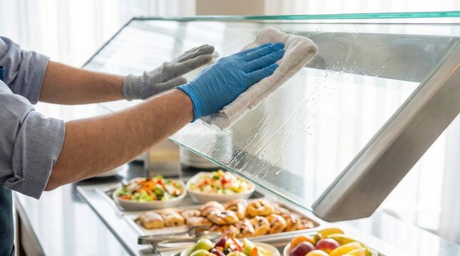 Worker wearing blue gloves using a white cloth to wipe and clean a glass sneeze guard at a buffet
