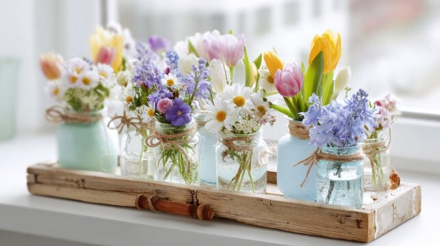 Spring season, garden, flower, fresh, life. A rustic wooden tray holding a collection of mason jars filled with vibrant spring flowers, each tied with a rope. The background is slightly blurred.
