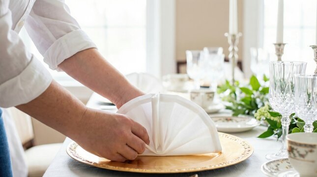 Person hands folding a white linen napkin into a fan shape on a gold plate to set a dining table
