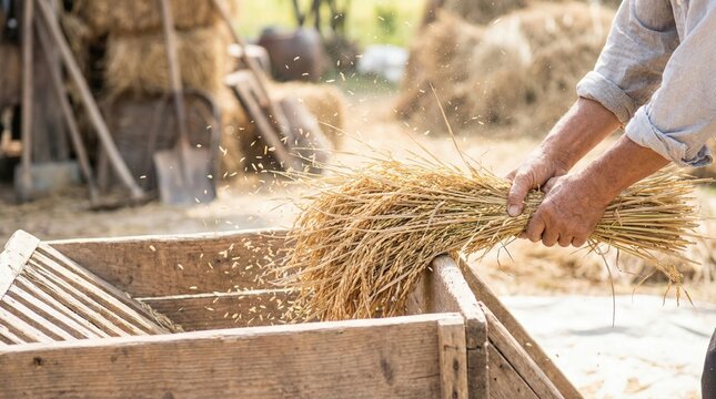 Farmer hands vigorously threshing a bundle of golden rice stalks against a wooden bin to separate grains