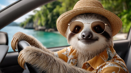 Fototapeta premium Sloth driving a car while wearing a tropical shirt, straw hat, and sunglasses, happily embarking on a summer vacation road trip along a scenic coastal route with clear blue water and lush islands