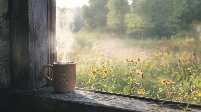 Warm drink sipped by window, misty morning view