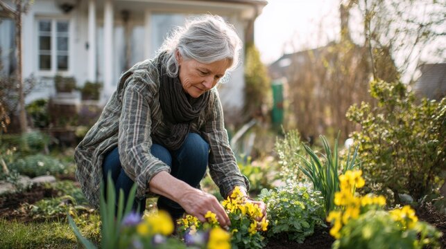 Spring season, garden, flower, fresh, life. A woman in a squatting position in a garden, surrounded by lush greenery and vibrant yellow flowers. The background is slightly blurred.
