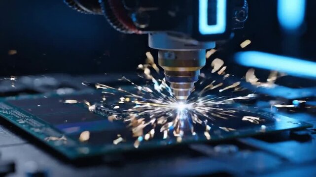 High tech laser etching circuit board with glowing sparks