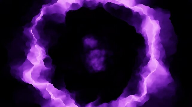 Abstract footage of a glowing purple plasma ring forming a swirling vortex on a black background, ideal for sci-fi intros, transitions, VFX overlays, and titles