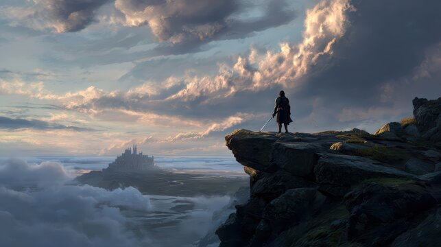 Realistic warrior man standing on cliff edge, distant castle below, cinematic scale, dramatic realism
