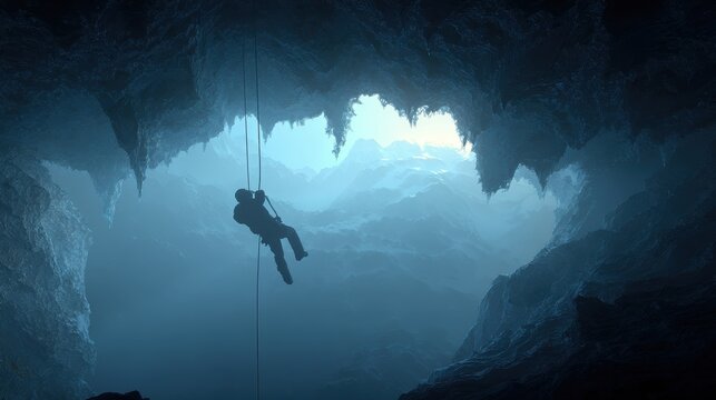 Winter season adventure exploration. A person suspended in the air, suspended by a rope, against a backdrop of towering mountains. The artwork, titled The Last of Us Part II.