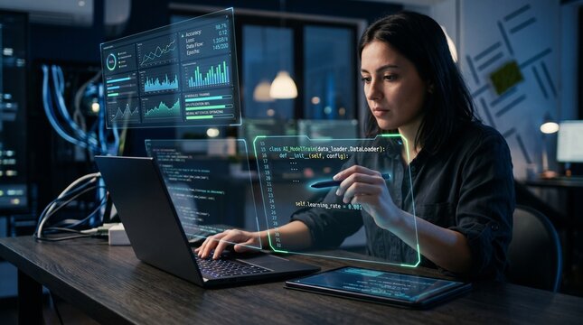 AI developer coding on laptop and tablet with virtual interface, data visualization, and programming code. Concept of artificial intelligence, software development, and innovation.