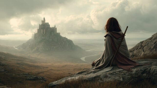 Young warrior woman walking alone toward far castle, realistic anatomy, cinematic depth of field 