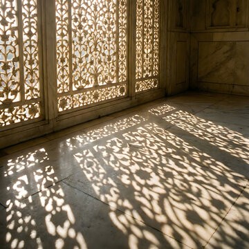 Intricate marble jali screen casting geometric shadow patterns on a polished floor. Authentic Mughal architecture detail for Islamic heritage, Ramadan, and minimalist interior design concepts.