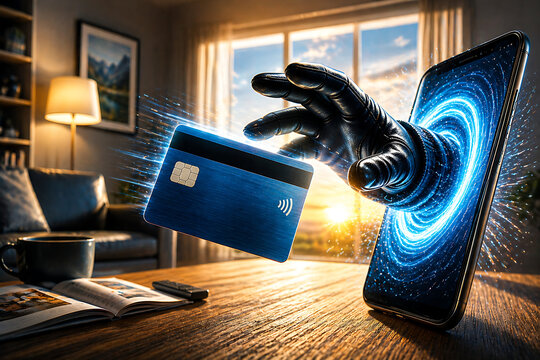 main surgissant d&rsquo;un ecran volant une carte bancaire &ndash; concept de fraude en ligne, s&eacute;curit&eacute; des paiements, technologie futuriste
