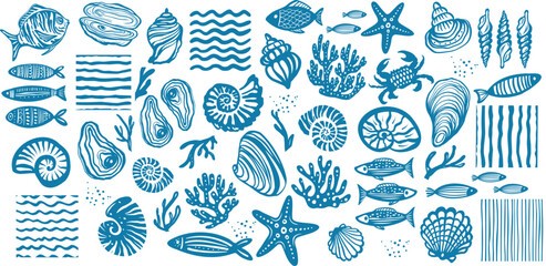 Blue hand drawn set of sea life with fish shells and coral © Viktoriia Protsak