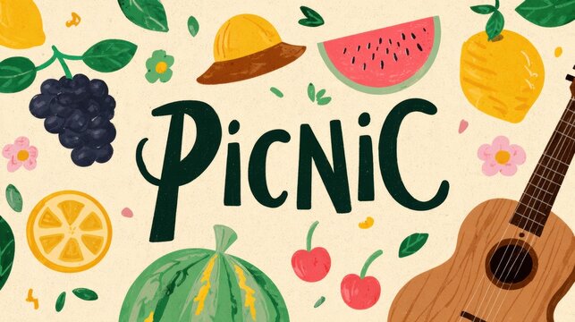 Spring Summer outdoor leisure relaxation activity. A vibrant illustration features the word PICNIC in bold, cursive font surrounded by various fruits and vegetables. The fruits include a lemon.