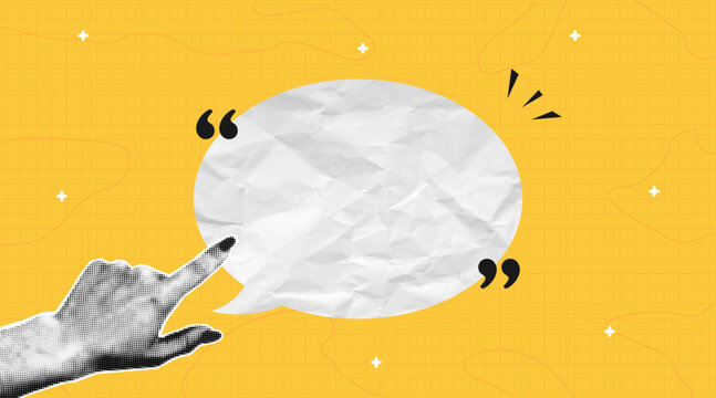 Halftone hand pointing finger to speech bubble cut out from crumpled paper. Collage banner with hand and empty speech bubble made of crumpled white paper texture. Collage design with halftone. Vector