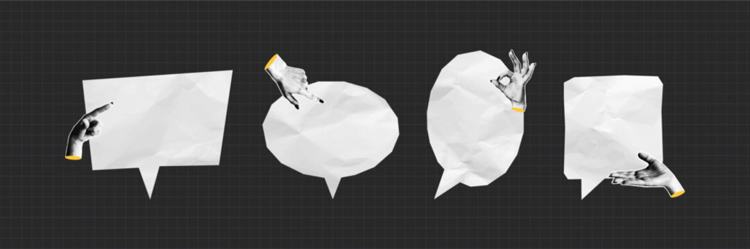 Empty speech bubbles made of crumpled white paper texture with collage halftone hands with different gesture. Collage halftone elements for banner, poster and social media. Vector.