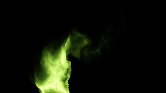 Abstract footage of luminous green smoke or vapor drifting and swirling on a black background, creating a mysterious toxic haze effect for cinematic overlays and VFX