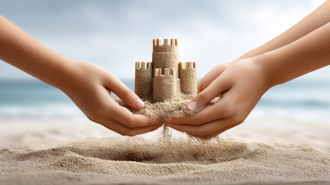 Children's hands holding a sandcastle on a beach, representing concepts of childhood, building, dreams, protection, care, family, vacation, summer, and creativity