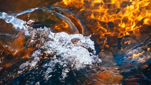 Super Slow Motion Horizontal Video of Glistening River Rapids &mdash; Cinematic Nature Footage of Churning Whitewater, Molten Amber Reflections, and Crystalline Liquid Textures