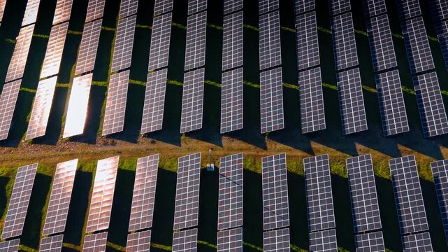 Vertical aerial view of solar farm with service path. Drone shot showing two sections of photovoltaic arrays separated by a dirt road under direct sunlight.