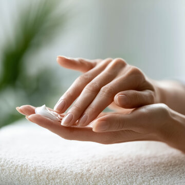 Applying moisturizing hand cream on dry skin, close-up skincare routine, soft natural light, beauty and wellness concept, hydration and self-care