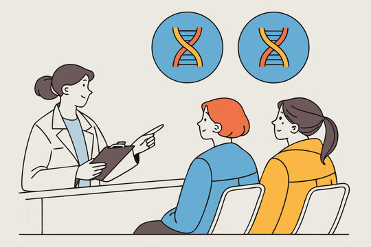 Konsultacja genetyczna w gabinecie lekarskim, lekarz omawia wyniki dna z pacjentkami, diagnostyka i poradnictwo zdrowotne.