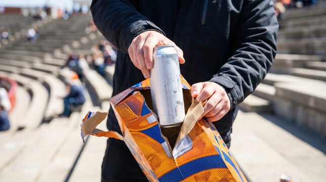Fan pulling a cold aluminum beverage can from torn cardboard box