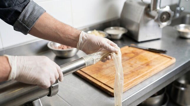 Butcher putting casing on a sausage stuffer machine in kitchen