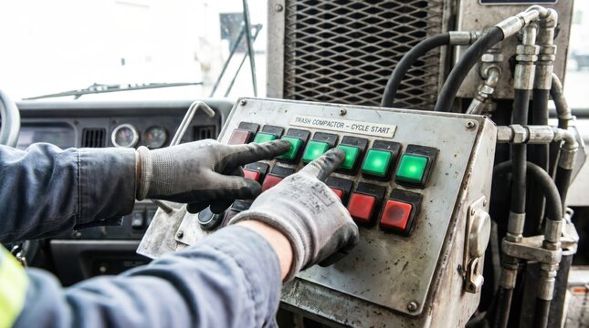 Garbage truck operator pressing start buttons on trash compactor control panel