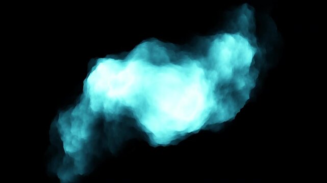 Abstract footage of luminous blue smoke or vapor drifting and swirling in darkness, creating a glowing mist effect with copy space for overlays, titles, and VFX