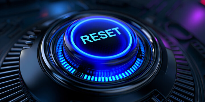 blue glowing reset button on metallic background, neon power reset switch technology concept, futuristic blue reboot button