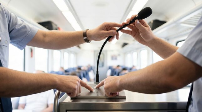 Train conductors hands pressing button on intercom microphone in passenger car