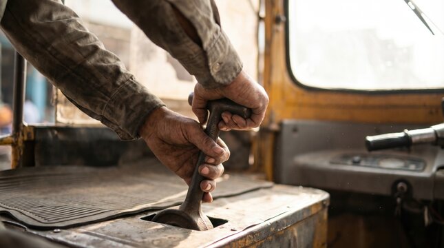 Operator shifting heavy metal lever inside cabin of old industrial machinery