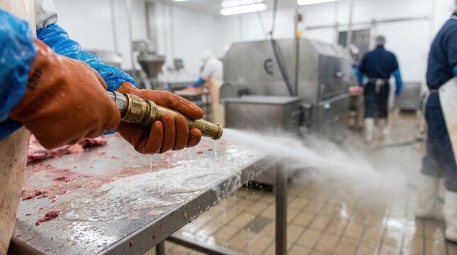 Worker using high pressure water hose to wash table in meat processing plant