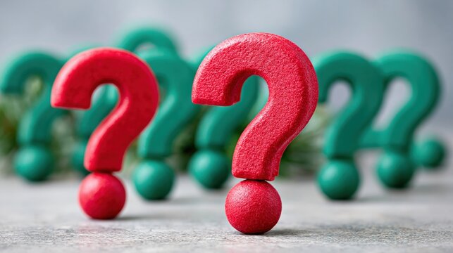 Red question marks standing before green question marks on surface
