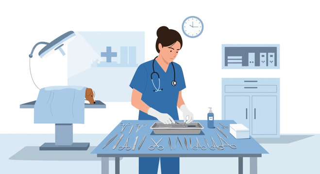 Veterinarian Preparing Surgical Instruments for Animal Operation in Clinic
