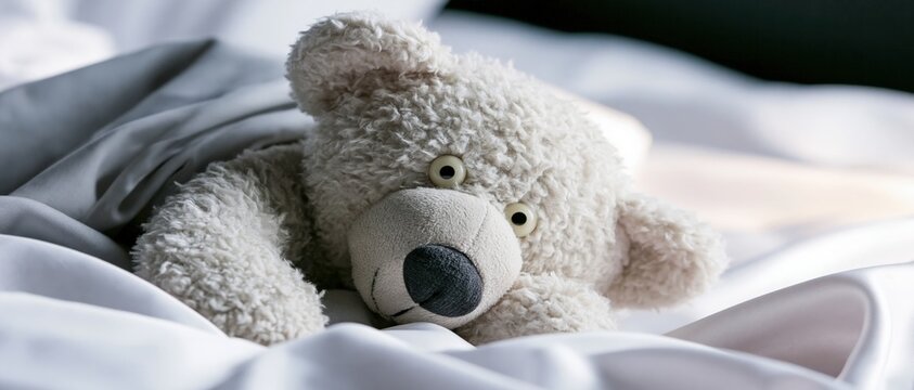Plush bear resting on rumpled white bed sheets in bedroom