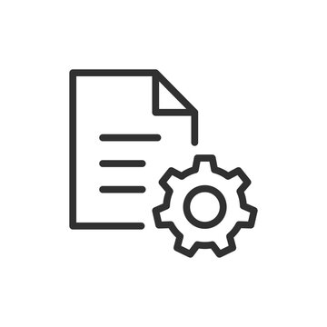 Document with gear, linear style icon. File settings and document configuration. Editable stroke width