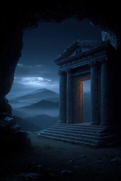 Space universe exploration, fantasy. A dramatic, atmospheric portrayal of an ancient temple, set within a cavernous landscape. The temple, intricately carved with columns and a pediment.