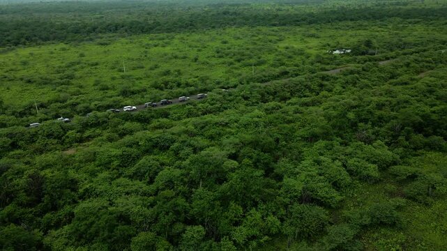Cinematic aerial side tracking shot of off road convoy crossing remote tropical forest in Ecuador