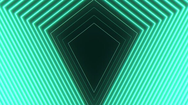 Abstract futuristic neon tunnel made of glowing hexagon frames in green and cyan. Seamless geometric light corridor background for technology, sci fi, and VJ visuals