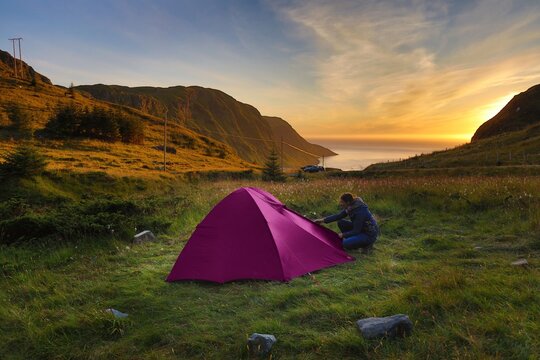 Outdoor tourism tent in Norway. Camping tourist in Stadlandet peninsula of Nordjord district.