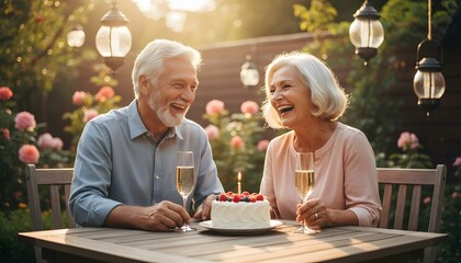 Fototapeta premium Happy elderly couple at outdoor birthday celebration with cake and sparkling wine, laughing together in a summer garden for senior lifestyle and longevity concept