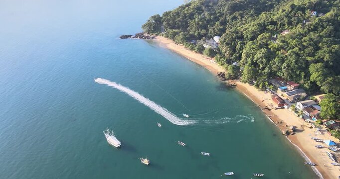 Aerial landscape of Picinguaba bay surrounded by tropical rainforest, Ubatuba coast