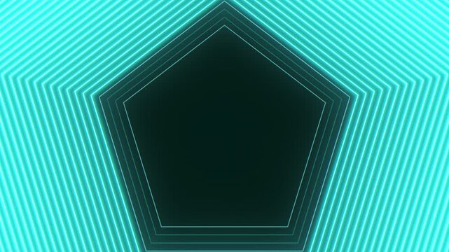 Abstract futuristic neon pentagon tunnel with glowing cyan outline lines and dark center, geometric perspective background for technology, sci fi, and digital design