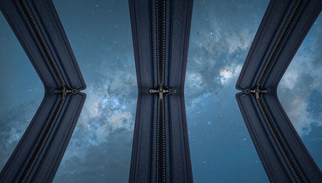 複数のファスナーで昼空が開きそれぞれ夜空がのぞく広い風景