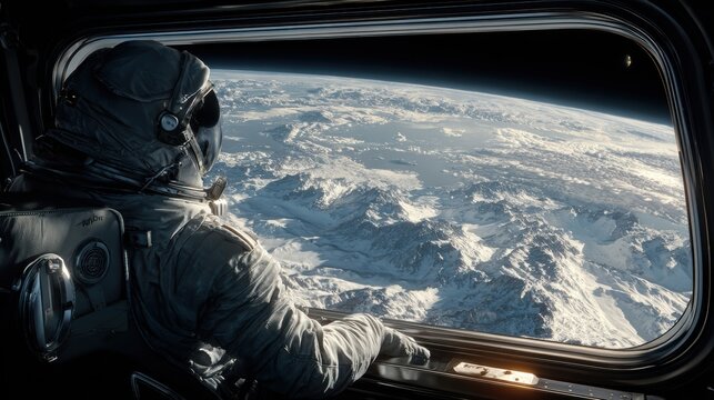 Space universe exploration, fantasy. A vivid portrayal of an astronaut in outer space, captured from a high vantage point. The astronaut wears a fullbody space suit, including a helmet with a visor.