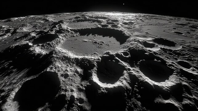Space universe exploration, fantasy. A black and white closeup photograph of the surface of a celestial body, likely the moon. The detailed.