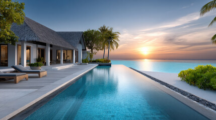 Fototapeta premium Luxury resort villa in Maldives offering a stunning infinity pool view of tropical ocean and serene sunset, evoking relaxation, honeymoon, and summer paradise escape