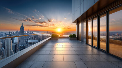 Obraz premium Modern rooftop terrace balcony overlooking a coastal metropolis city skyline at golden hour sunset, showing an urban landscape with towering skyscrapers and the vast lake